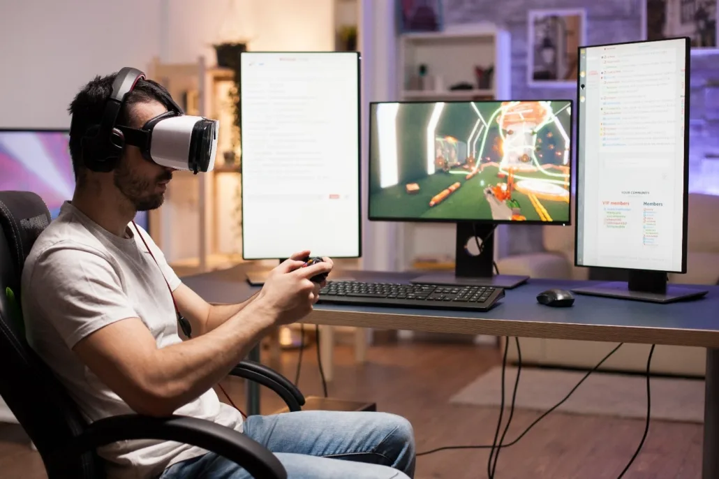 professional gamer wearing virtual reality headset while playing shooter games stream Mastering Indie Game Project Management: A Guide to Success